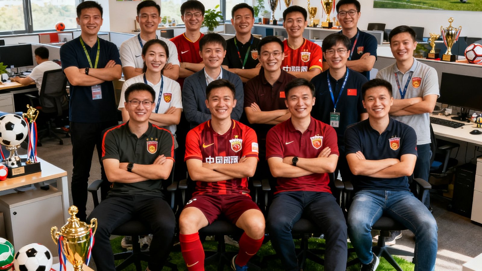 中国足球网团队合照，背景是充满足球元素的开放式办公室，团队成员笑容满面